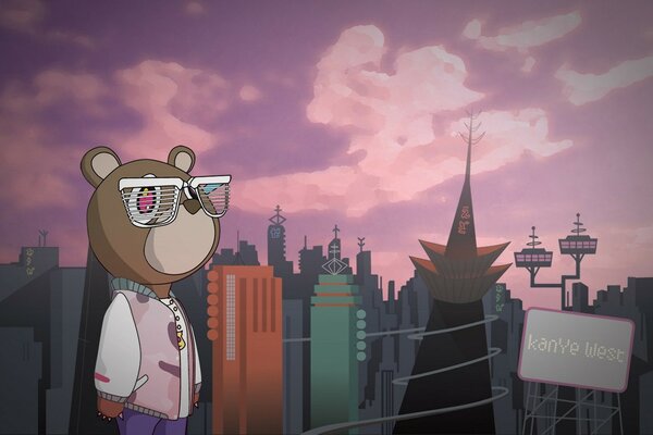 A bear with glasses on the background of the city
