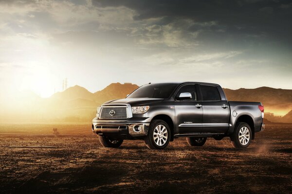 Massive toyota tundra among the steppe