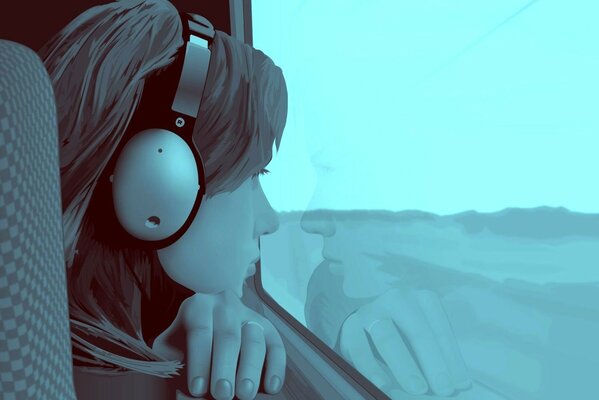 The girl is sad in headphones on the train