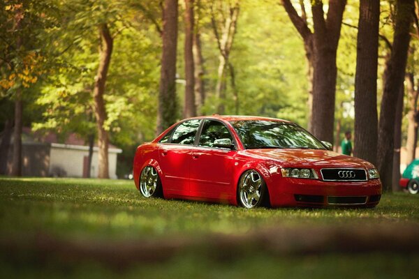 There is a beautiful, red car on the lawn