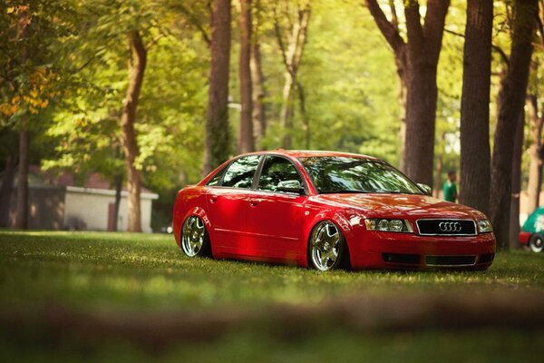 Na trawniku stoi piękny, czerwony samochód