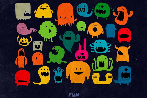 Multicolored monster faces on a black background
