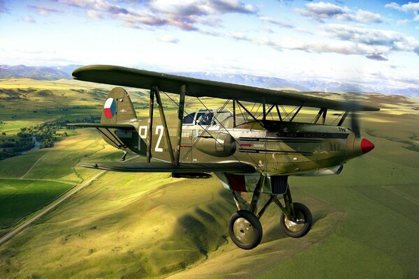 Military aircraft over green fields