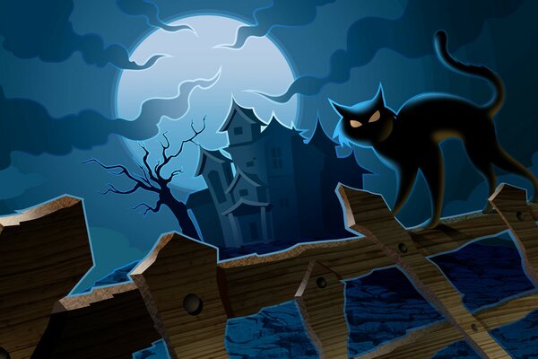 Czarny mistyczny Kot w pełni księżyca