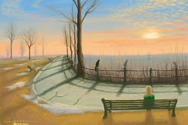 La ragazza si siede su una panchina ai raggi del tramonto