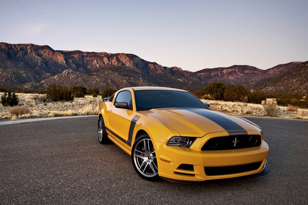 Ford mustang amarillo en medio de las montañas