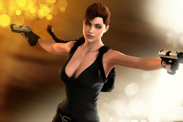 Dibujado a mano Lara Croft en 3D con pistolas