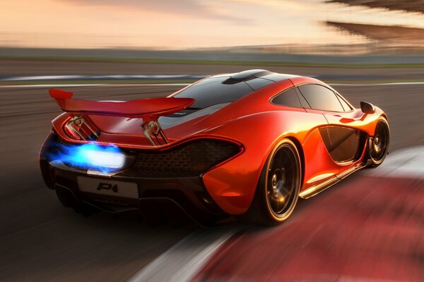 Mclaren P1 orange supercar on all sails .