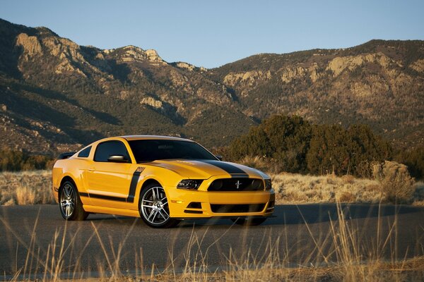 Coche Ford Mustang en medio de las montañas