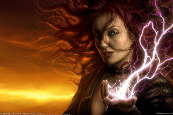 Red-haired witch creates lightning