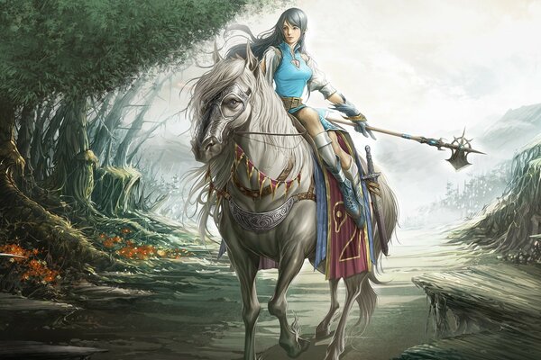 A female warrior on a horse gallops along the river