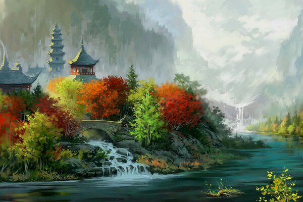 Hand-drawn autumn landscape of China