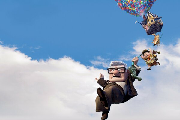 Ein lustiges Stück aus einem Kinder-Cartoon. Der alte Mann und der Junge schwebten mit einem Bündel Luftballons in den Himmel