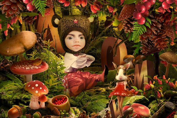 Surreal depiction of mushrooms, forests and people