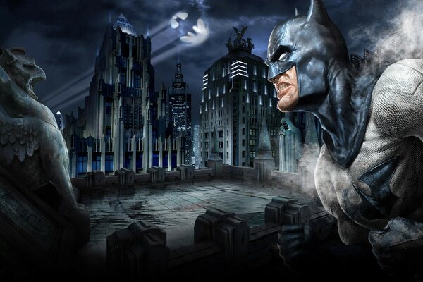 Batman on the background of a castle with a gargoyle