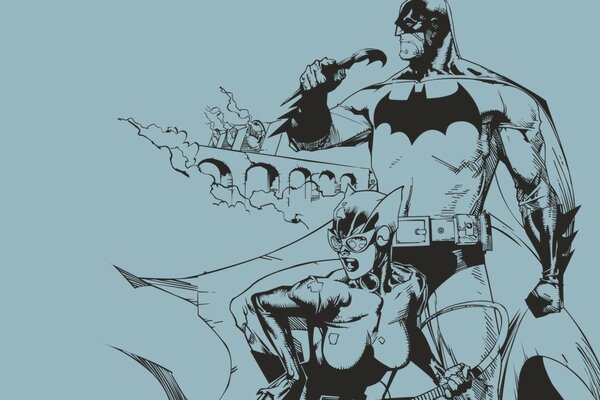 Imagen vectorial lacónica en blanco y negro de Batman y Catwoman