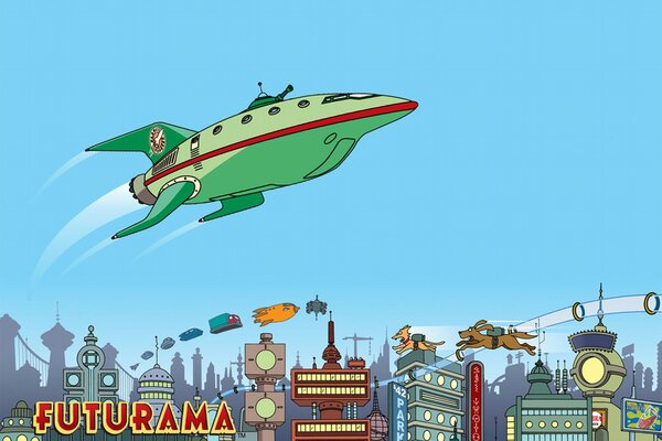 Flying green ship from futurama