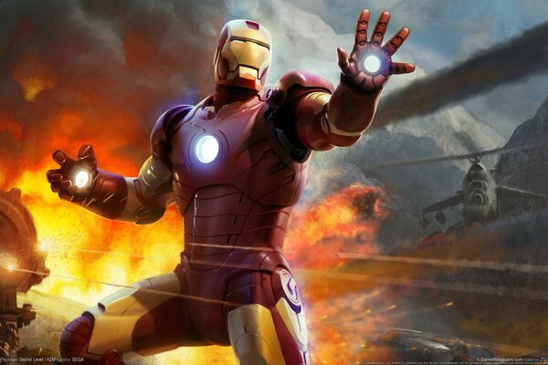 Iron Man kämpft vor dem Hintergrund des Feuers