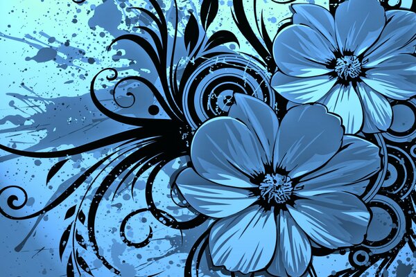 Сине-черный узор с цветами и пятнами