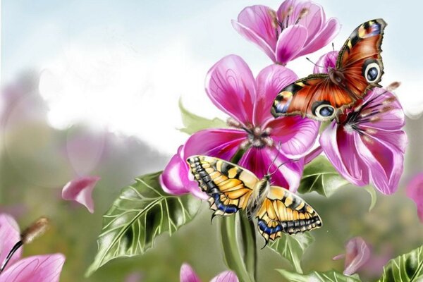 Painted flowers with beautiful butterflies