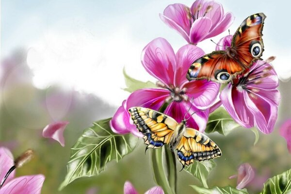 Нарисованные цветы с красивыми бабочкамм