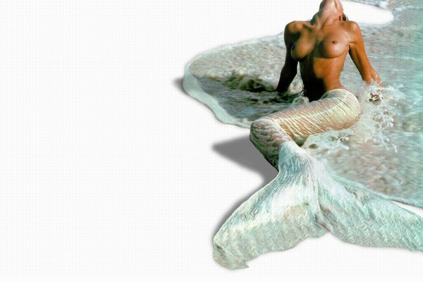 A mermaid is lying on a wave with bare breasts