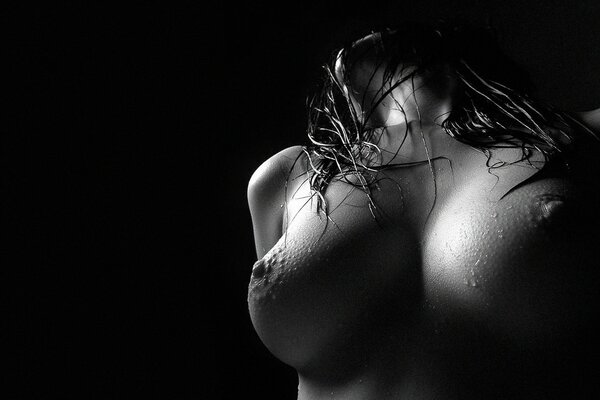 Nasse Brüste auf einem Schwarz-Weiß-Foto