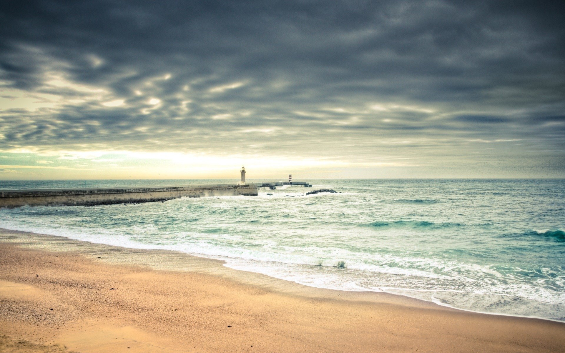 landscape beach sea water sand ocean sky clouds lighthouse