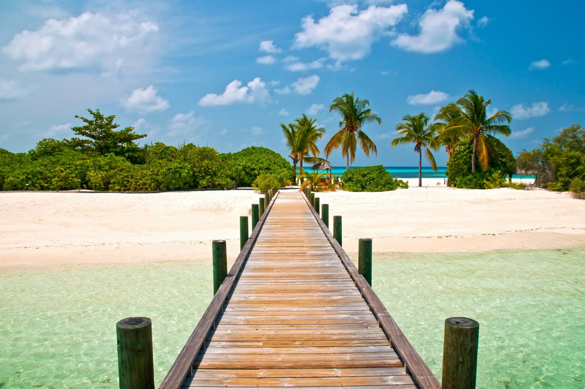 paysage beau pontons plage île pont bleu ciel palmiers exotic
