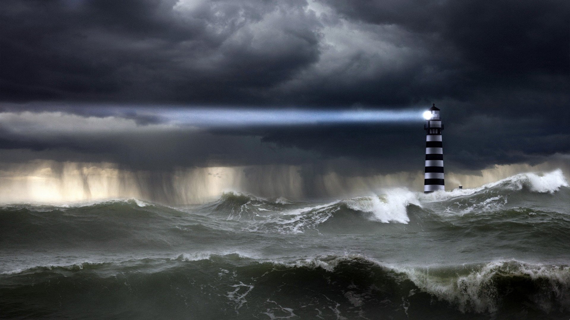 ocean storm waves sky clouds rain downpour lighthouse beam light element