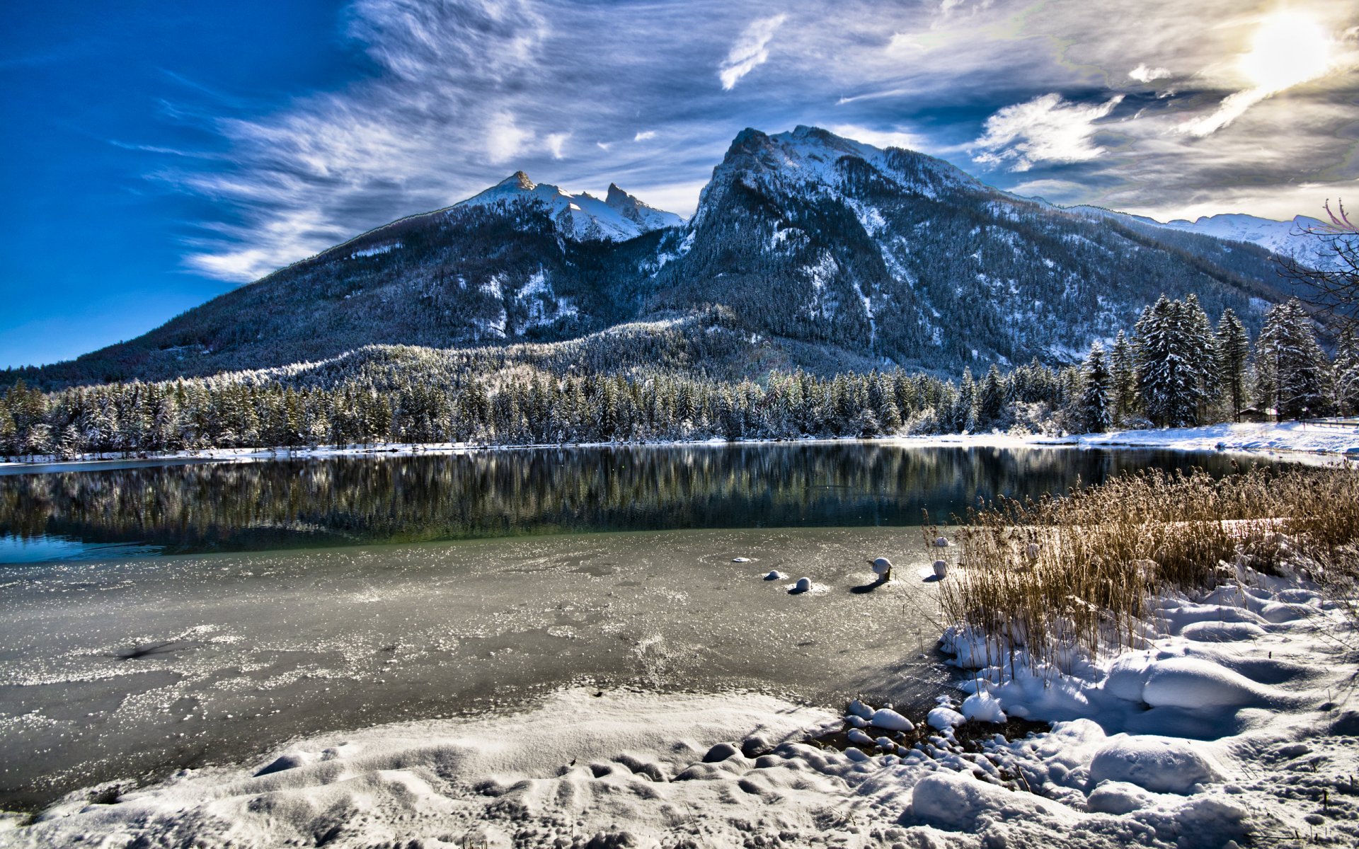 landschaften bayern deutschland berge natur aussicht orte schönheit see wasser winter schnee gras gipfel gipfel wolken himmel sonne morgen küste 2560x1600