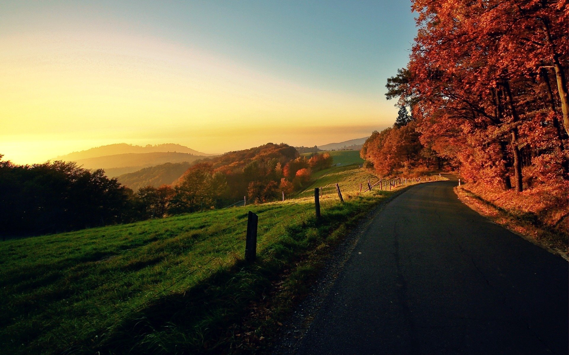 landscape nature sunset sunrise sun sky horizon road the village area tree foliage autumn