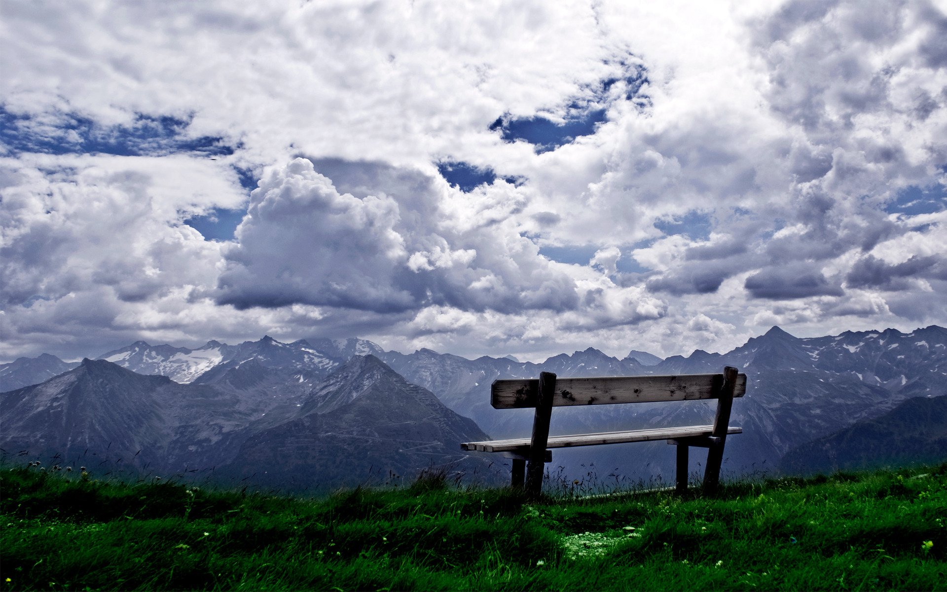 paysage herbe montagnes ciel beauté nature banc