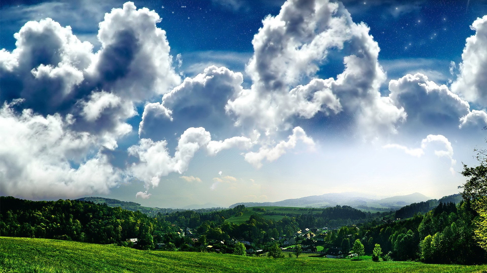 feld himmel gras weiler wolken bäume