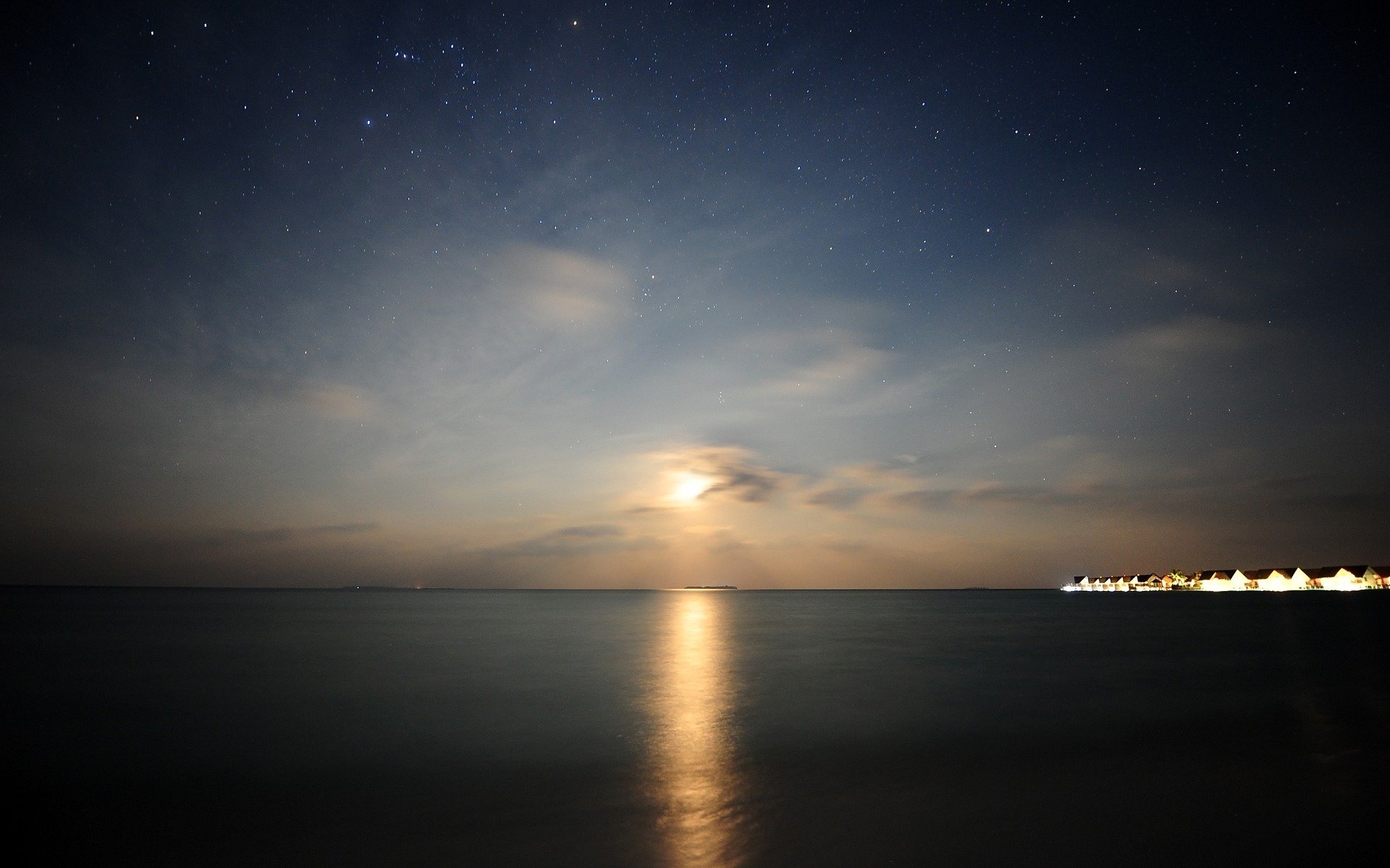 unset landscape the maldives views house light lights night star water sea ocean heaven heaven surface of open spaces silence beauty