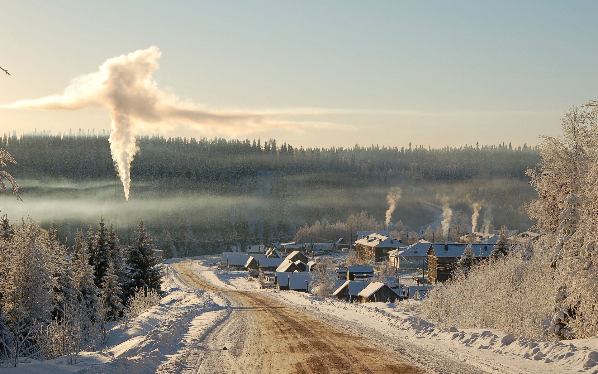 invierno nieve casas árboles humo carretera carreteras