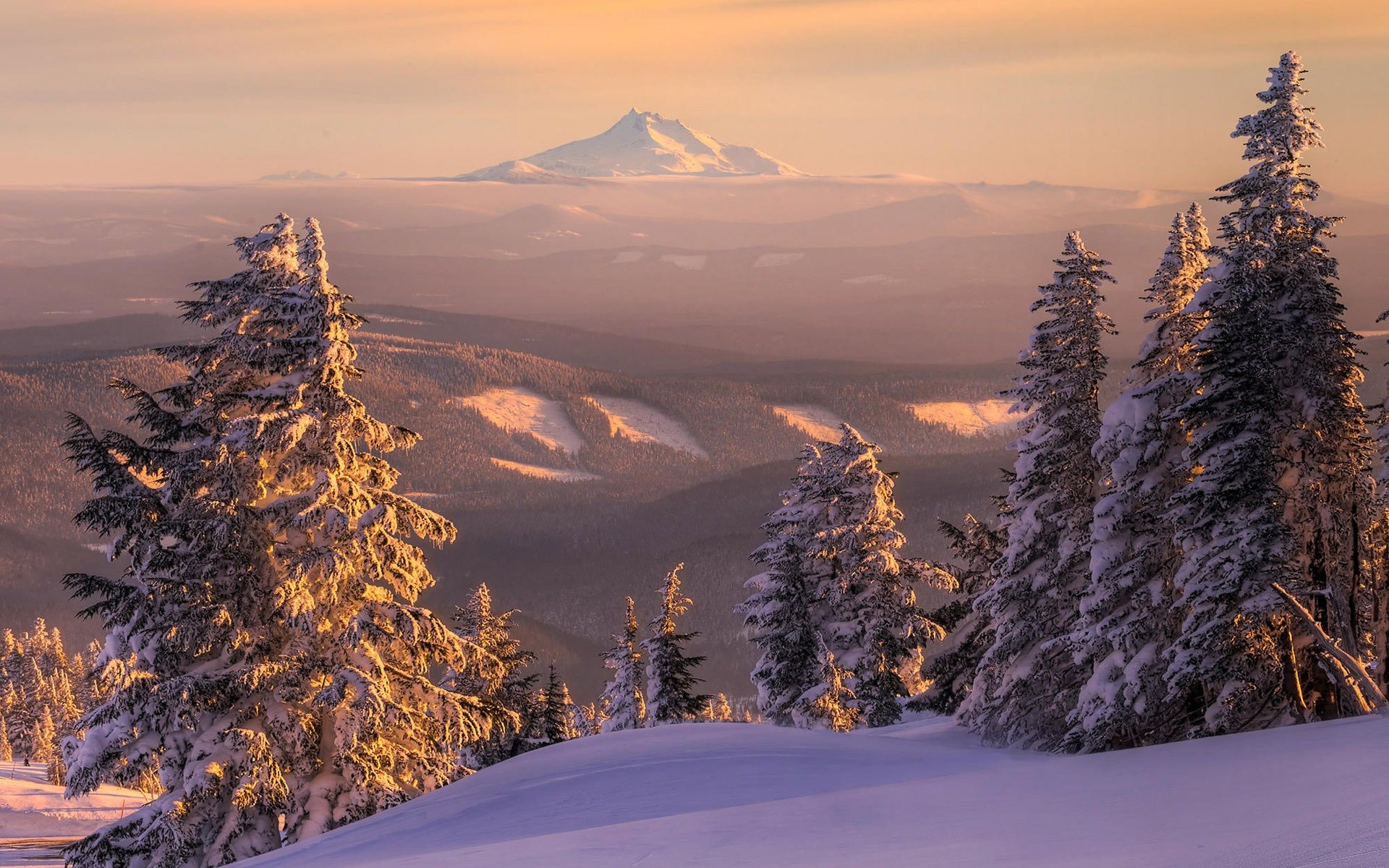 paisaje naturaleza invierno nieve derivas puesta de sol abeto árbol de navidad bosque vista montañas horizonte