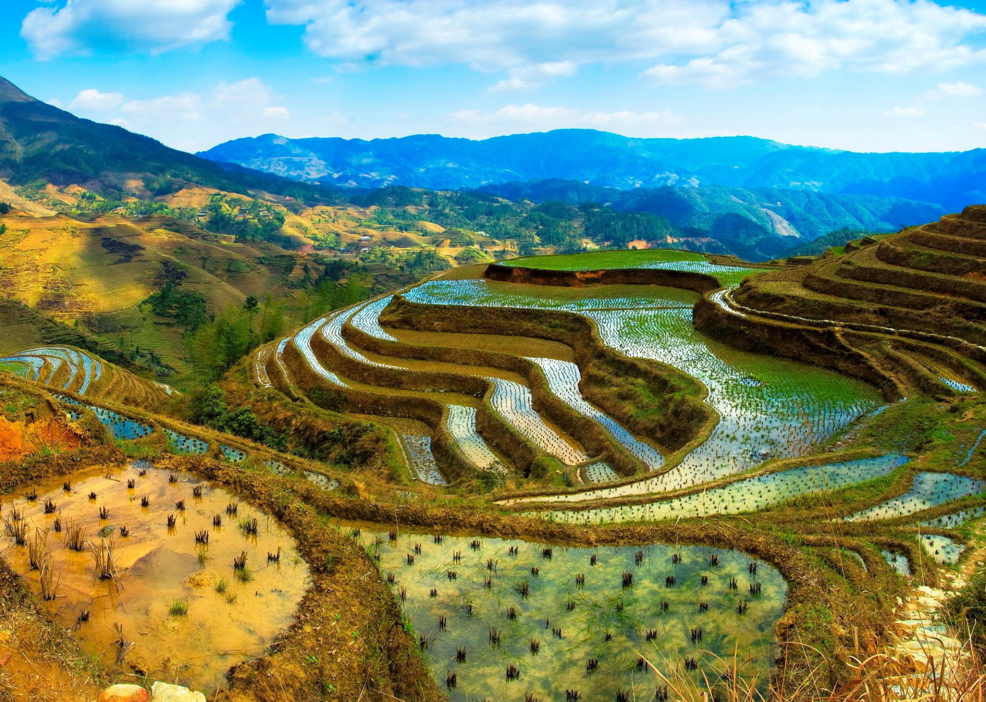 china jardín montañas nubes cielo agua