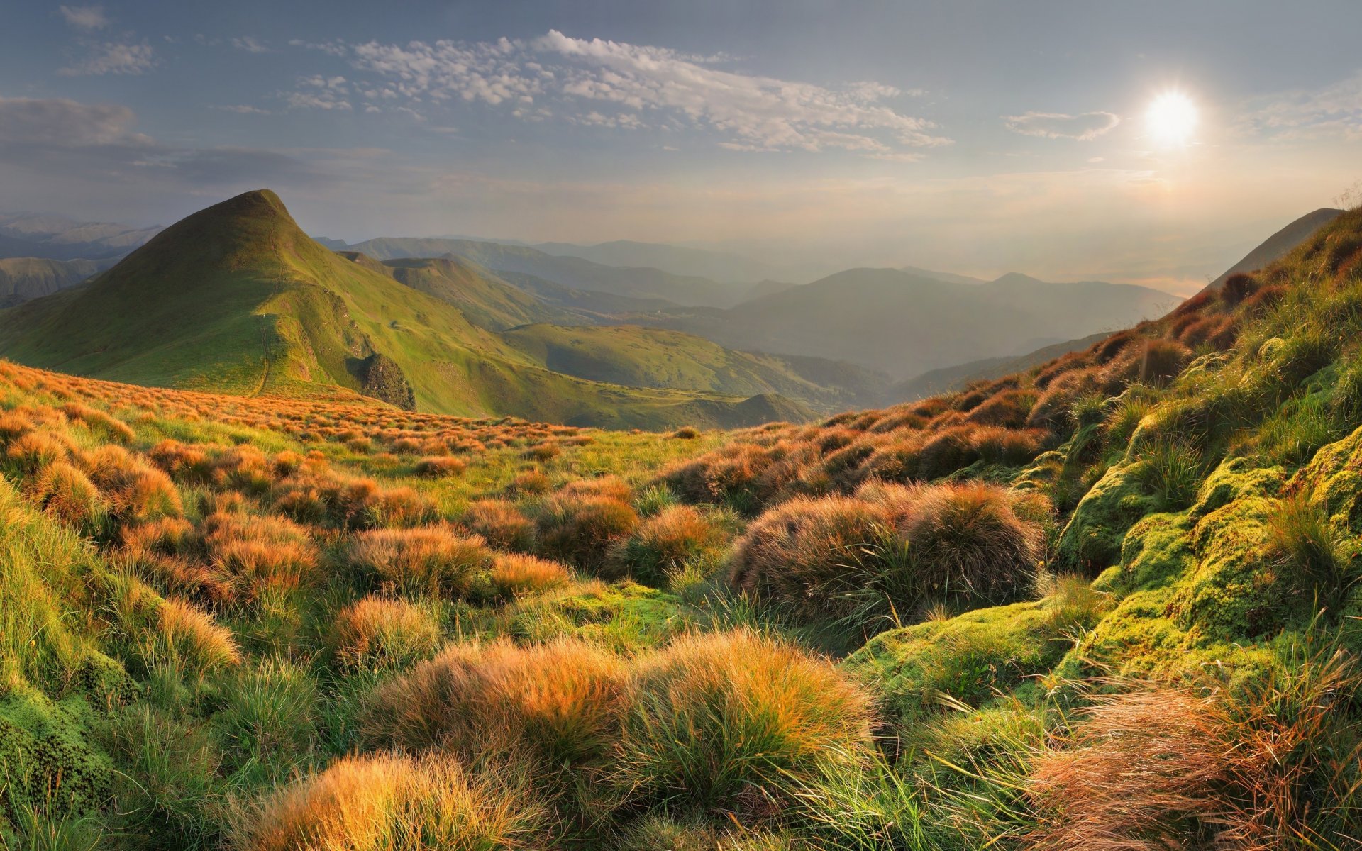 autumn bright sun horizon clouds mountain slope widescreen