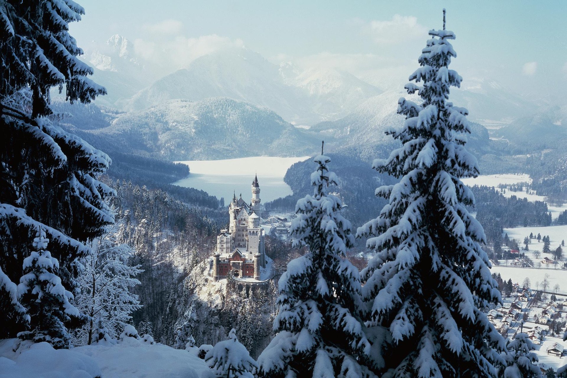 zima drzewa góry las śnieg miasteczko zamek neuschwanstein