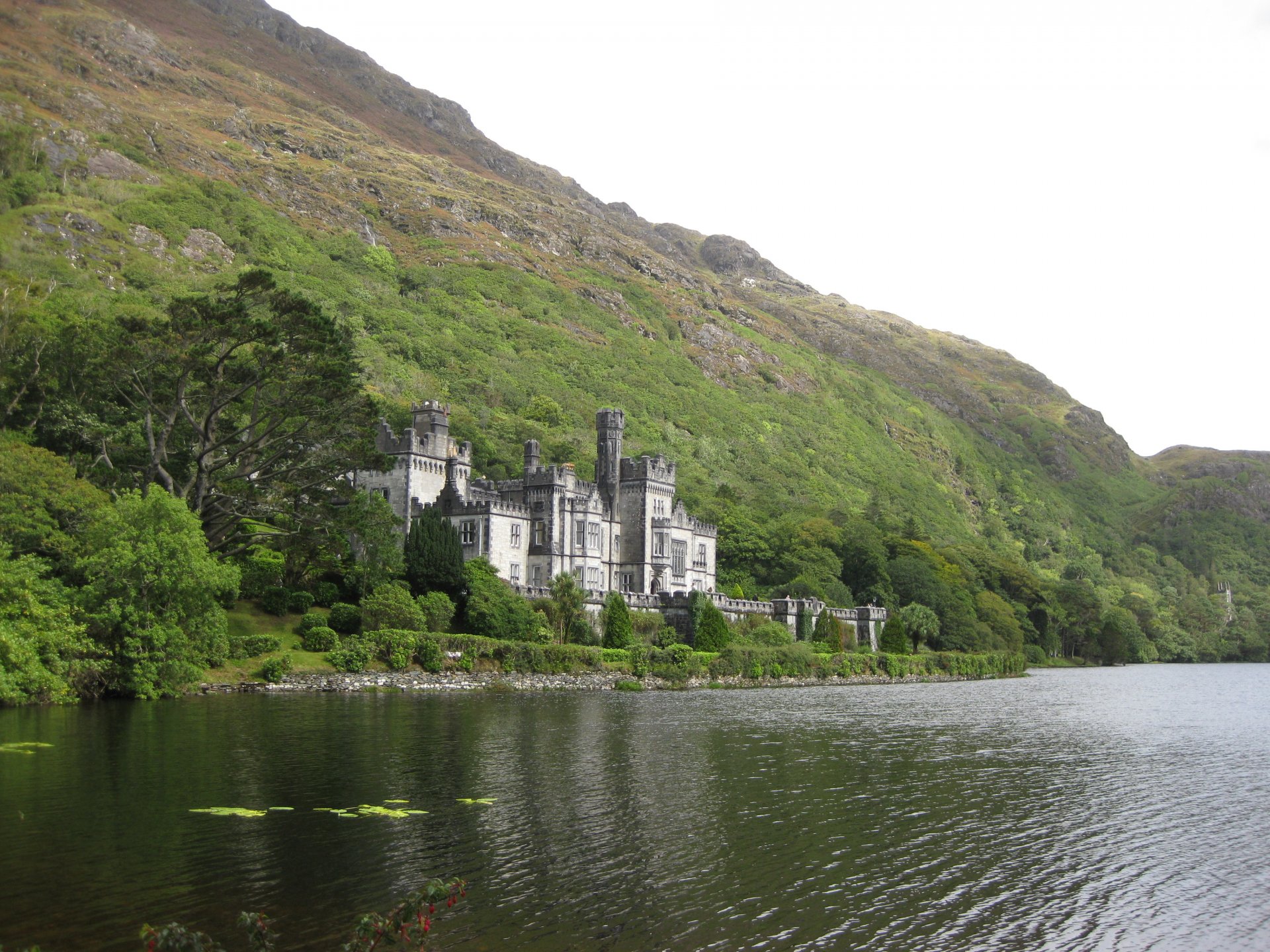 natur berge felsen see kylemore abtei schloss irland ufer wald bäume grün himmel landschaft foto