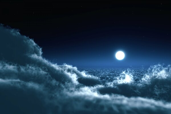 Landscape of the moon above the clouds in blue shades