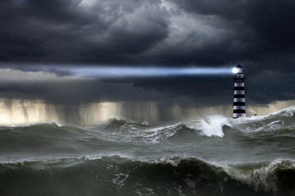 A huge storm and waves, the lighthouse shines on the ships