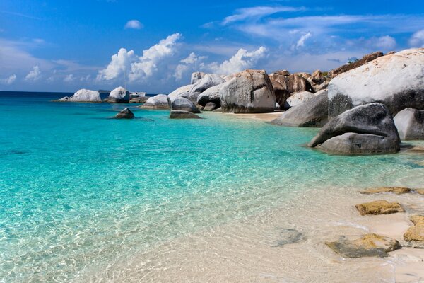 Sea, beach and rocks under the shadow of clouds