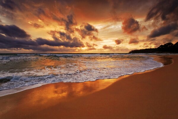 The sea beach in the red sunset