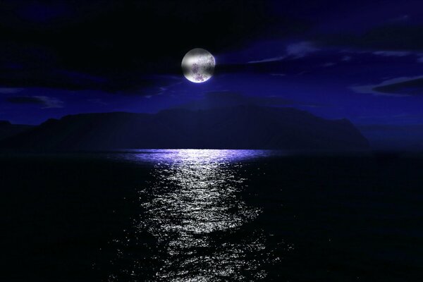 Moonlight path reflected at night in the sea