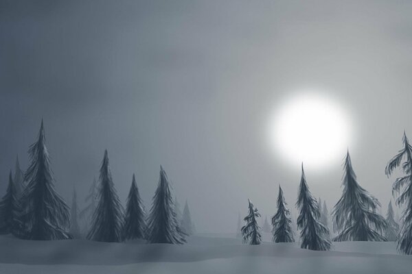 Mond über Tannen im Nebel im Schnee