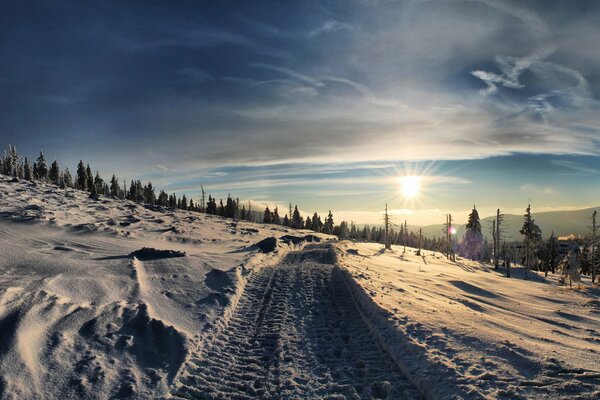 Sol brillante y y el camino entre la nieve