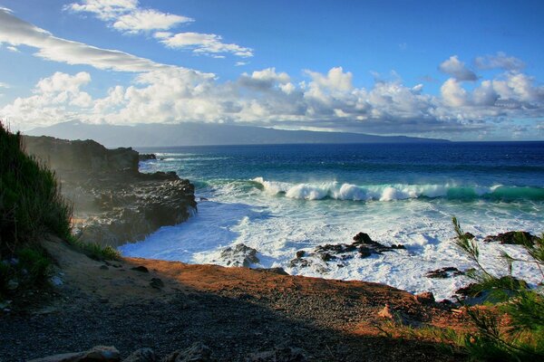 Waves on the sea beating against the rocks