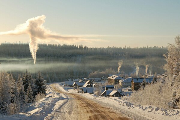 Winter landscape morning in the village